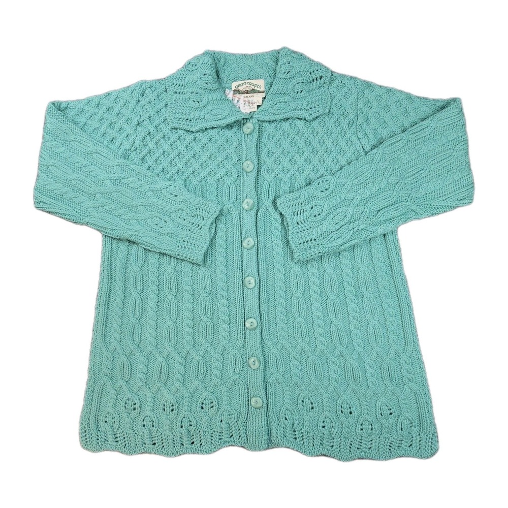 Aran Crafts Merino Wool Cardigan Womens L NWT Green Cable Knit Ireland